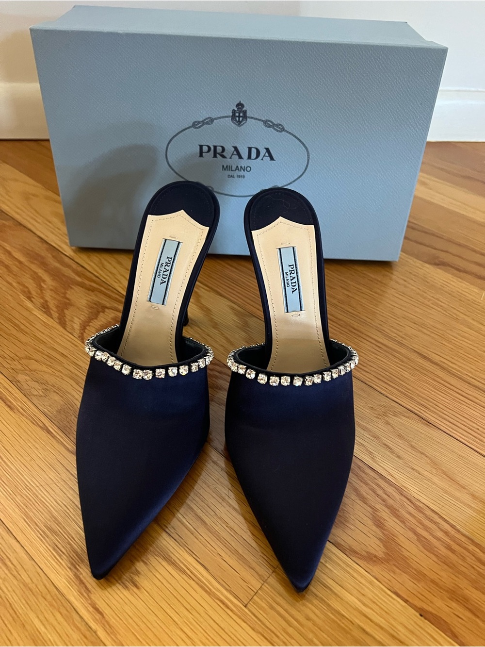 PRADA Navy Satin Crystal Trim Mules Heels 37 Made in Italy